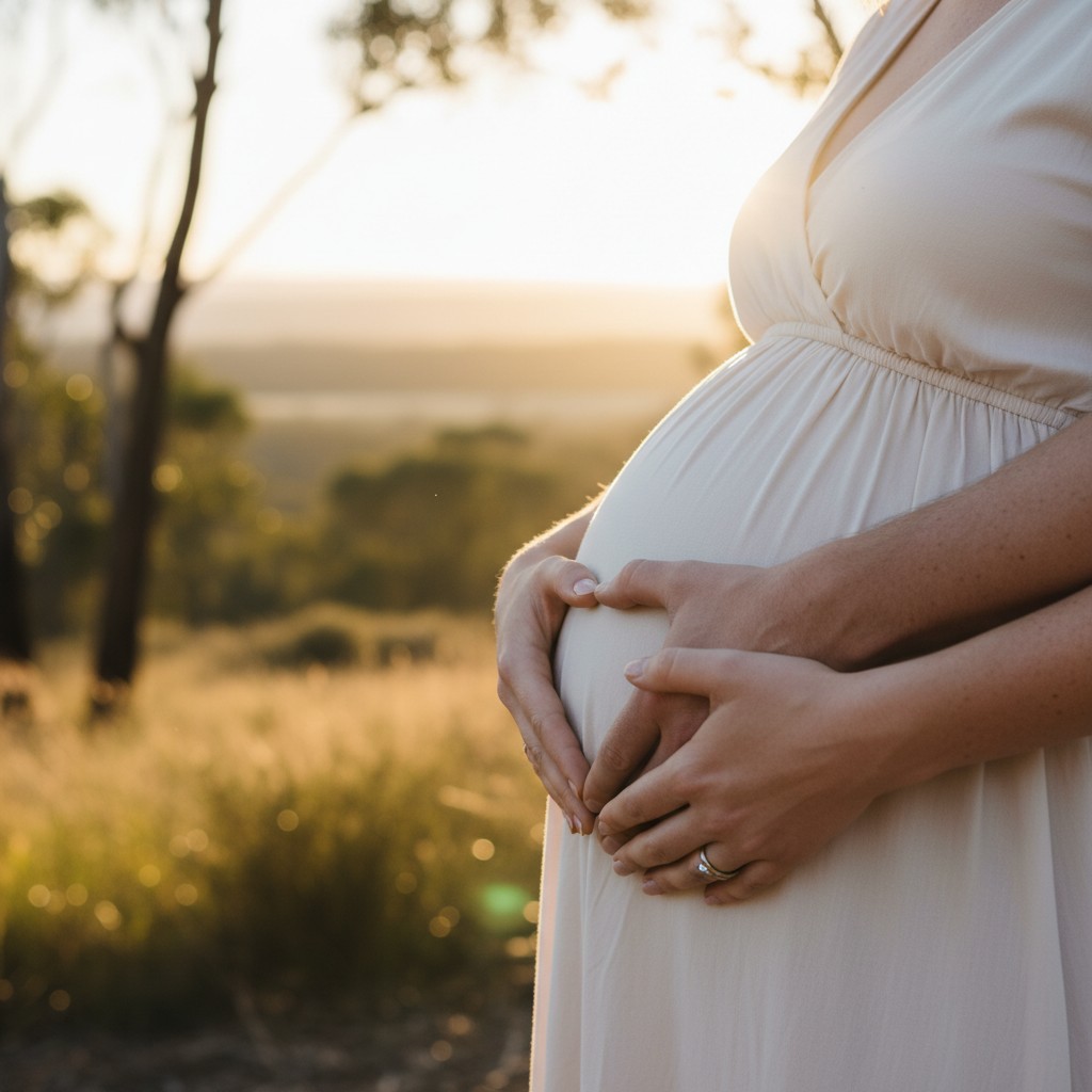 A close-up, high-quality photograph of a pregnant woman's hands and her partner's hands gently forming a heart shape over her baby bump, with a subtle backdrop of a sun-drenched Australian bushland scene, conveying warmth and connection. Focus on natural skin tones and soft light. No text.