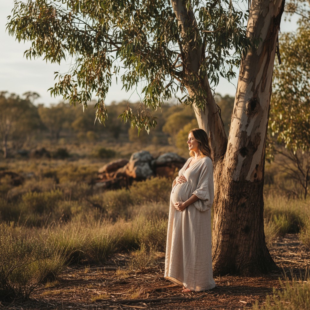 A pregnant woman in a comfortable, earth-toned linen dress, gently posed near a sunlit gum tree (eucalyptus tree) in a natural Australian bush setting, showcasing soft, natural light and a relaxed, elegant pose. Realistic, high-quality photograph.