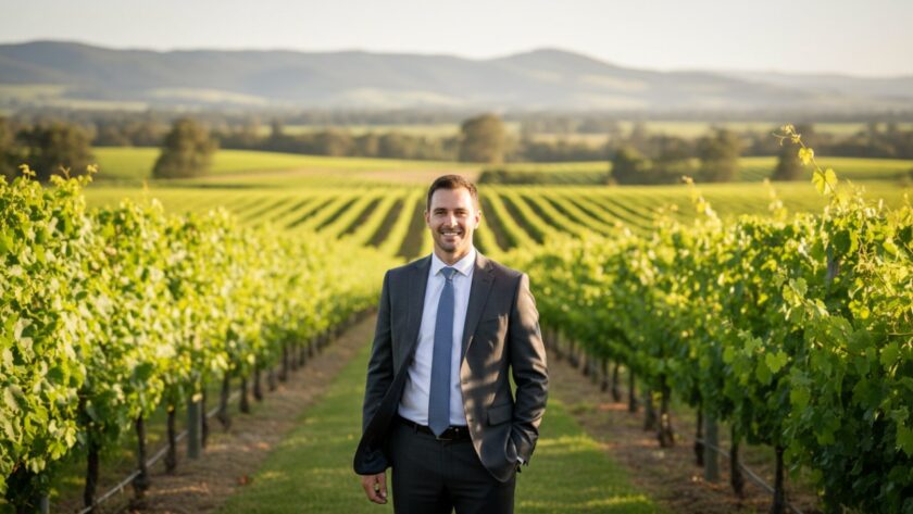 An epic moment of a confident female executive smiling warmly during a professional corporate headshots Yering Victoria wineries photoshoot, with the lush vineyards and rolling hills of Yering Station bathed in golden hour light in the background, captured with a shallow depth of field, natural light, and a cinematic feel.