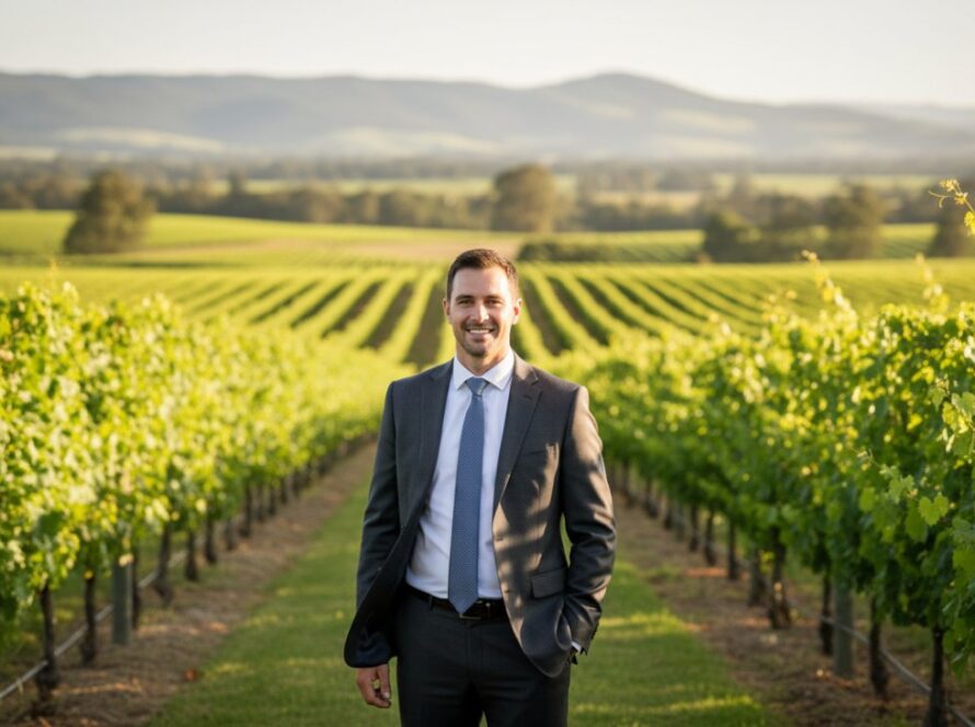 An epic moment of a confident female executive smiling warmly during a professional corporate headshots Yering Victoria wineries photoshoot, with the lush vineyards and rolling hills of Yering Station bathed in golden hour light in the background, captured with a shallow depth of field, natural light, and a cinematic feel.