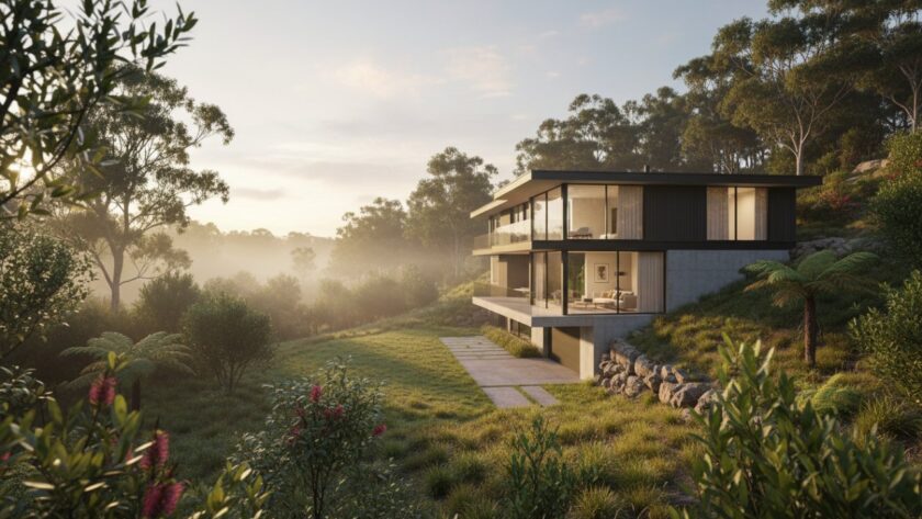 A wide-angle, cinematic photograph showcasing a luxurious, modern home nestled amongst lush, native Australian bushland in Clematis, Victoria, bathed in golden hour light, highlighting a successful premium Clematis real estate photography investment.