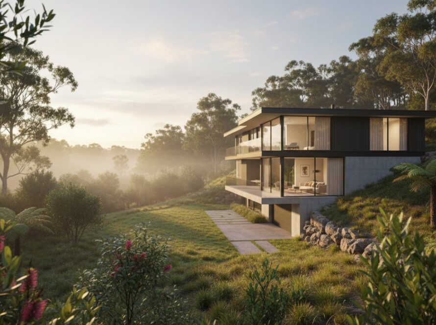 A wide-angle, cinematic photograph showcasing a luxurious, modern home nestled amongst lush, native Australian bushland in Clematis, Victoria, bathed in golden hour light, highlighting a successful premium Clematis real estate photography investment.