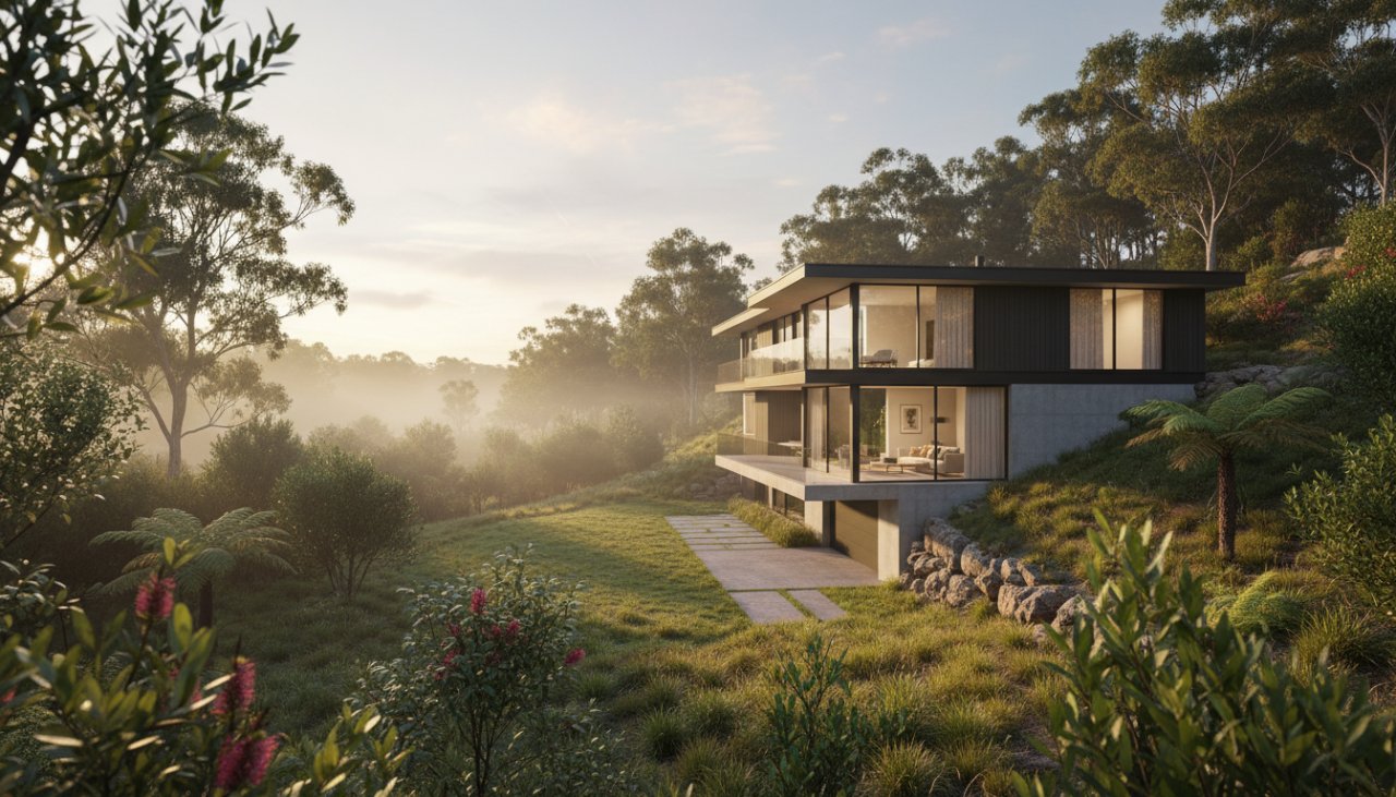 A wide-angle, cinematic photograph showcasing a luxurious, modern home nestled amongst lush, native Australian bushland in Clematis, Victoria, bathed in golden hour light, highlighting a successful premium Clematis real estate photography investment.