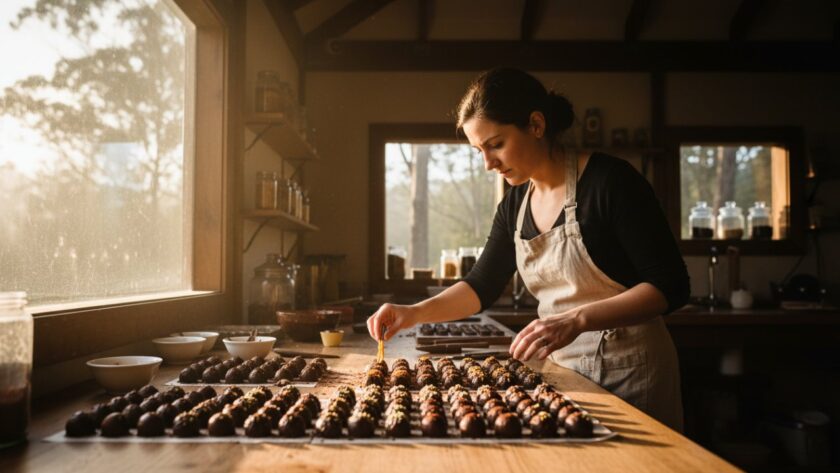 A wide-angle, cinematic shot showcasing a vibrant local cafe owner in Mount Dandenong, bathed in soft morning light, expertly preparing coffee while their premium commercial photography Mount Dandenong businesses branding is subtly highlighted through professional imagery.