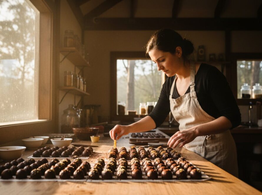 A wide-angle, cinematic shot showcasing a vibrant local cafe owner in Mount Dandenong, bathed in soft morning light, expertly preparing coffee while their premium commercial photography Mount Dandenong businesses branding is subtly highlighted through professional imagery.