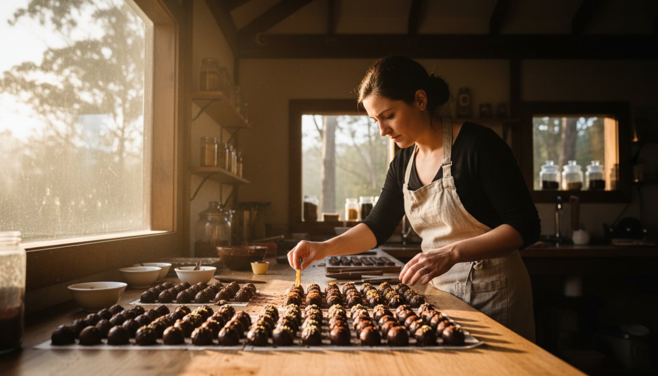 A wide-angle, cinematic shot showcasing a vibrant local cafe owner in Mount Dandenong, bathed in soft morning light, expertly preparing coffee while their premium commercial photography Mount Dandenong businesses branding is subtly highlighted through professional imagery.