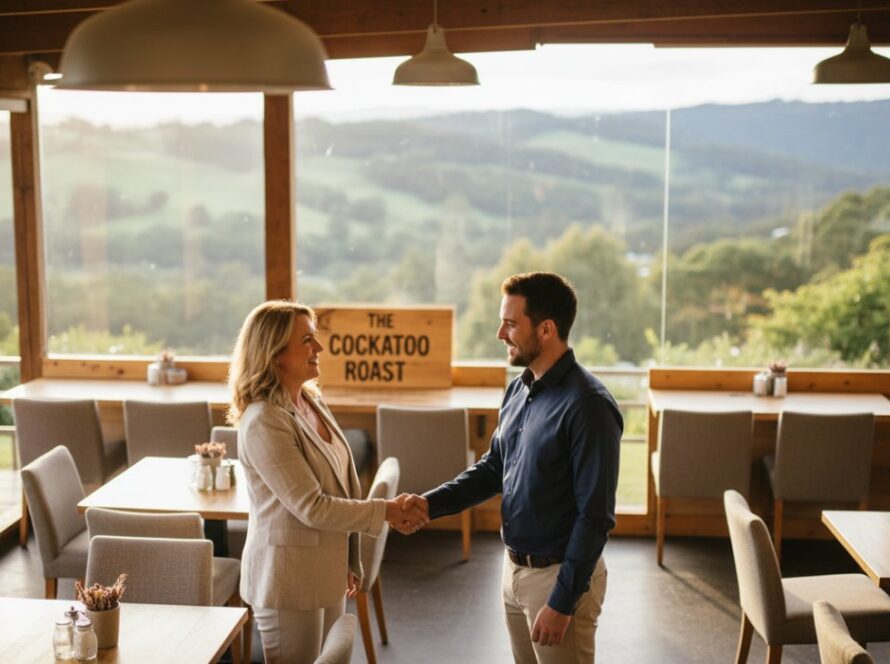 A dynamic, candid shot of a business owner from Cockatoo, Victoria, interacting professionally with a client amidst the lush, natural backdrop of the Dandenong Ranges, showcasing premium corporate branding photography Cockatoo businesses. Golden hour lighting creates a warm, inviting atmosphere, capturing an authentic, 'epic moment' of connection and professionalism.