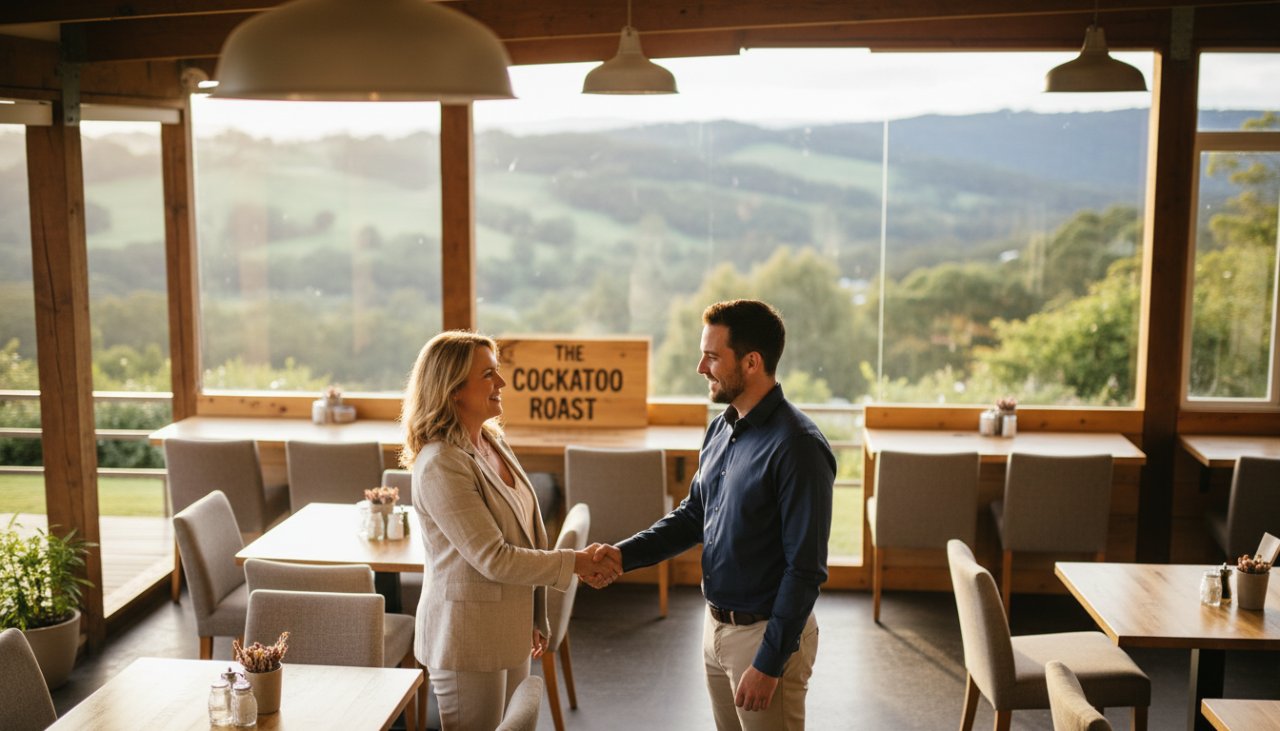 A dynamic, candid shot of a business owner from Cockatoo, Victoria, interacting professionally with a client amidst the lush, natural backdrop of the Dandenong Ranges, showcasing premium corporate branding photography Cockatoo businesses. Golden hour lighting creates a warm, inviting atmosphere, capturing an authentic, 'epic moment' of connection and professionalism.