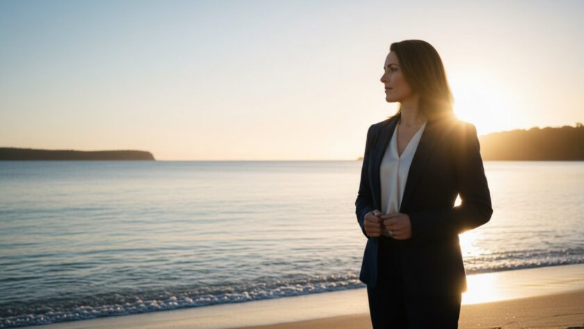 A powerful, cinematic photograph showcasing premium corporate branding photography Somers, featuring a successful business professional confidently overlooking the stunning Somers coastline at sunrise, embodying leadership and innovation.