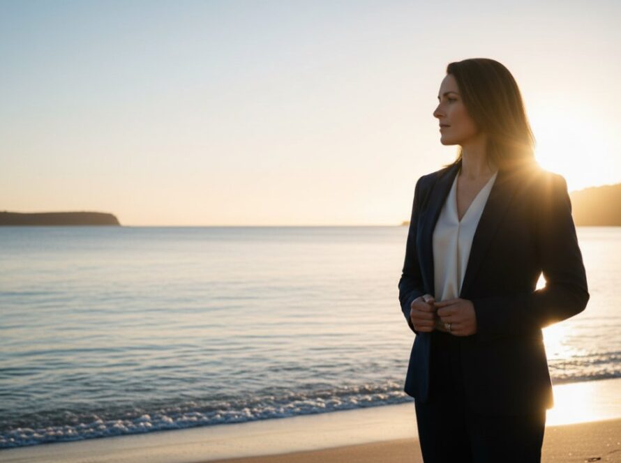 A powerful, cinematic photograph showcasing premium corporate branding photography Somers, featuring a successful business professional confidently overlooking the stunning Somers coastline at sunrise, embodying leadership and innovation.