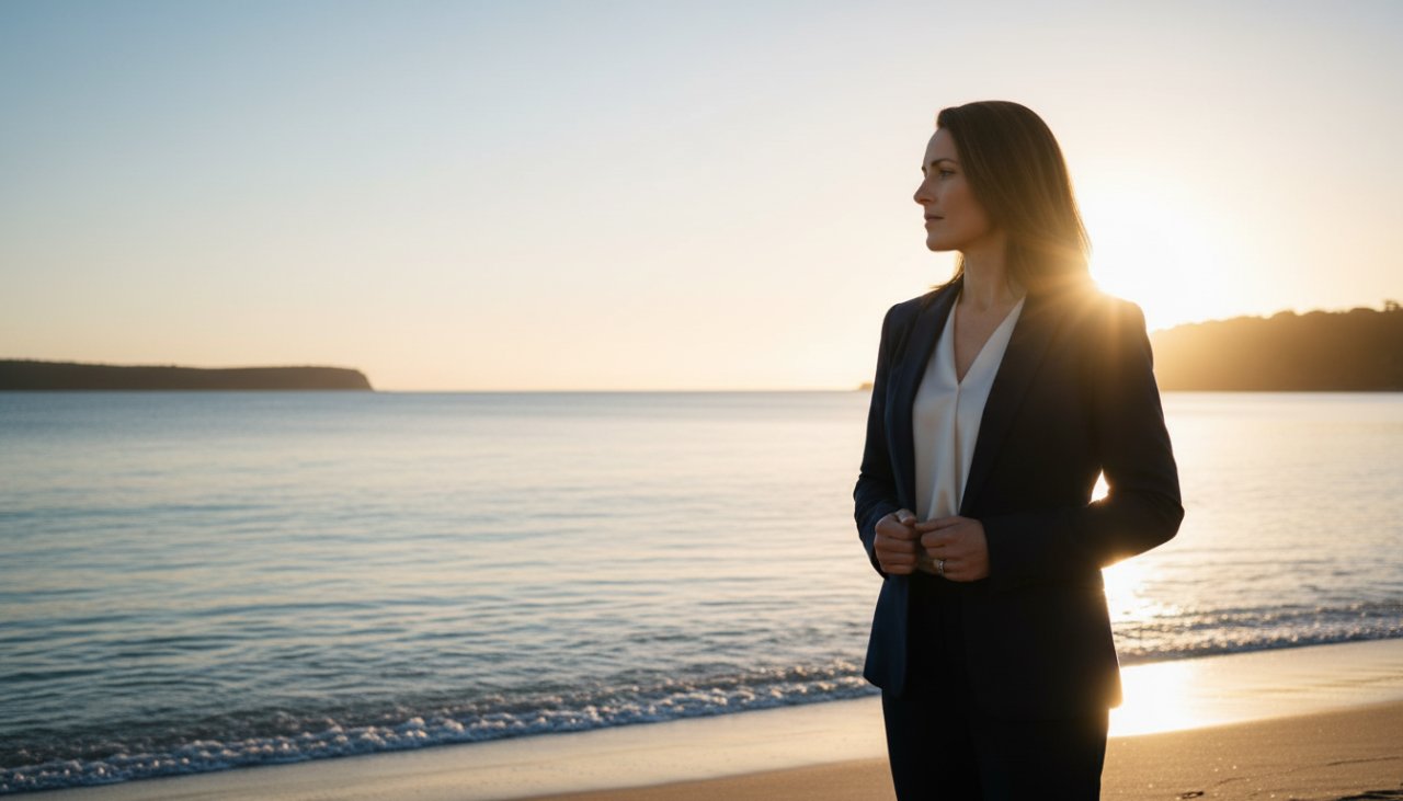 A powerful, cinematic photograph showcasing premium corporate branding photography Somers, featuring a successful business professional confidently overlooking the stunning Somers coastline at sunrise, embodying leadership and innovation.