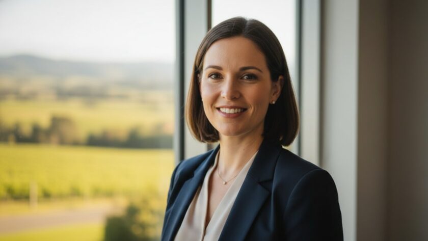 A powerful and authentic close-up portrait featuring a successful business leader with a genuine smile, set against a softly blurred, modern office interior with warm, natural light filtering through large windows, embodying premium corporate headshots for Launching VIC businesses.