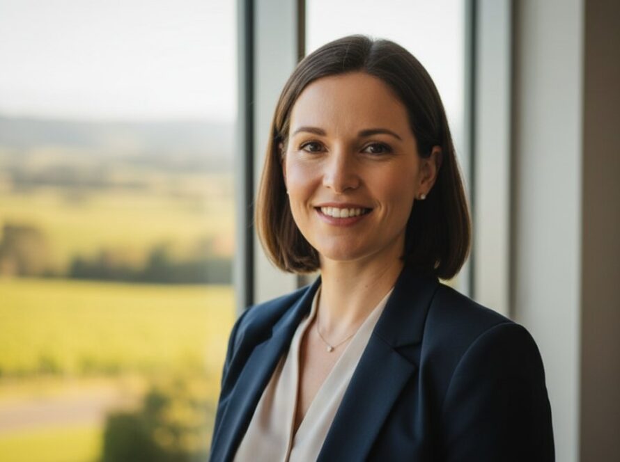 A powerful and authentic close-up portrait featuring a successful business leader with a genuine smile, set against a softly blurred, modern office interior with warm, natural light filtering through large windows, embodying premium corporate headshots for Launching VIC businesses.