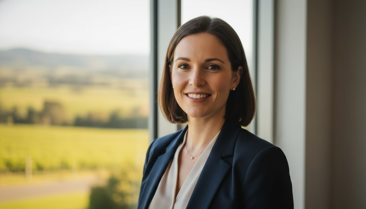 A powerful and authentic close-up portrait featuring a successful business leader with a genuine smile, set against a softly blurred, modern office interior with warm, natural light filtering through large windows, embodying premium corporate headshots for Launching VIC businesses.