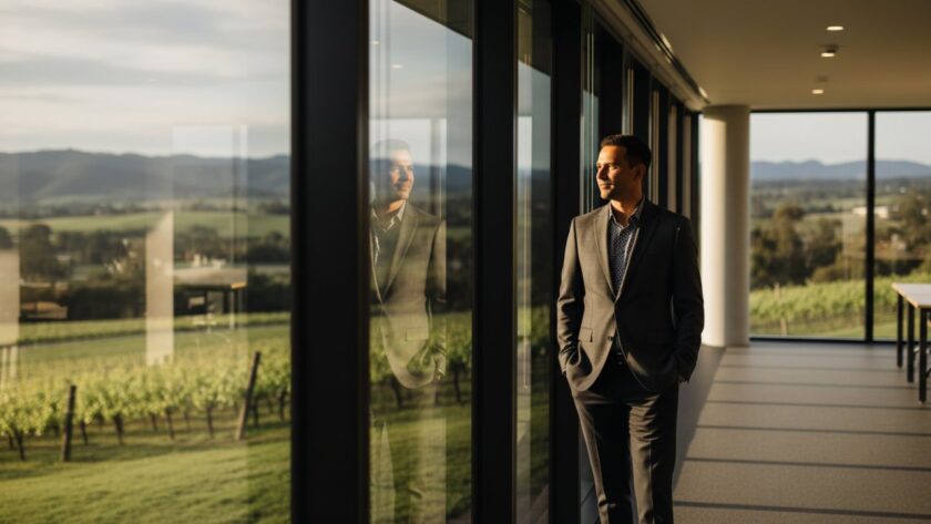 A dynamic, cinematic portrait capturing a confident professional in a modern office setting, showcasing their leadership. This Premium Corporate Photography Wandin North Business Branding image emphasizes expertise and approachability.