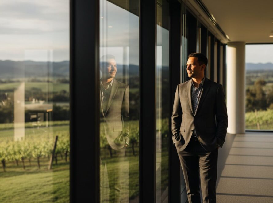 A dynamic, cinematic portrait capturing a confident professional in a modern office setting, showcasing their leadership. This Premium Corporate Photography Wandin North Business Branding image emphasizes expertise and approachability.