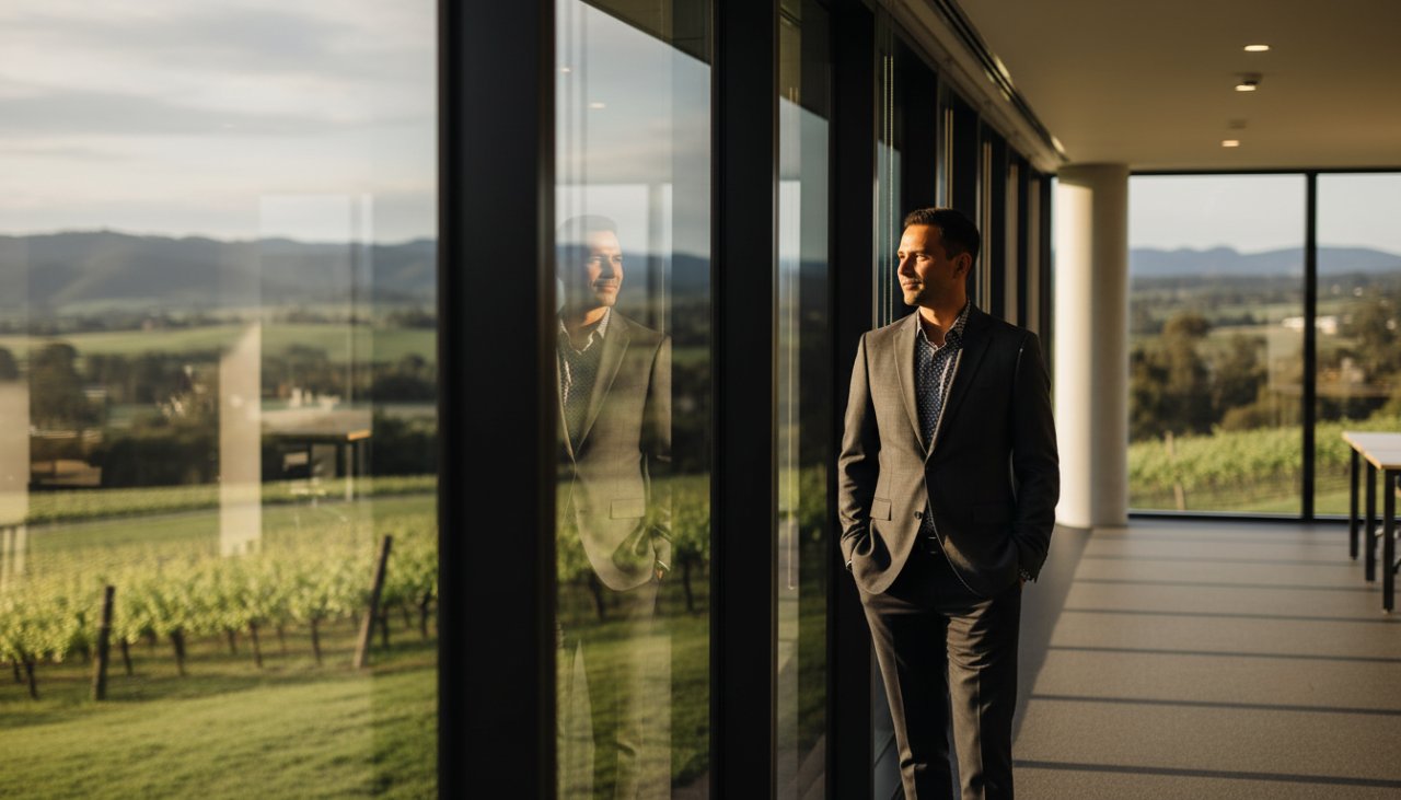 A dynamic, cinematic portrait capturing a confident professional in a modern office setting, showcasing their leadership. This Premium Corporate Photography Wandin North Business Branding image emphasizes expertise and approachability.