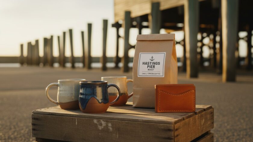 A beautifully composed, cinematic shot showcasing artisanal craft products, like handmade jewellery or boutique coffee beans, dramatically lit against the rustic backdrop of Hastings' historic wharf area at sunset, emphasising premium product photography Hastings Victoria small business excellence.