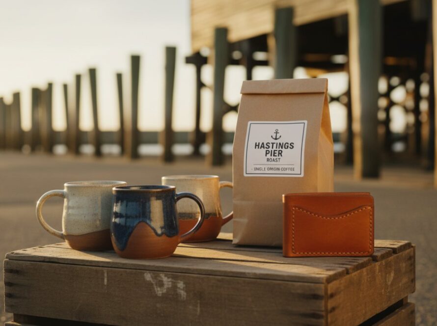A beautifully composed, cinematic shot showcasing artisanal craft products, like handmade jewellery or boutique coffee beans, dramatically lit against the rustic backdrop of Hastings' historic wharf area at sunset, emphasising premium product photography Hastings Victoria small business excellence.