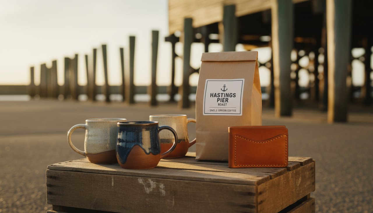 A beautifully composed, cinematic shot showcasing artisanal craft products, like handmade jewellery or boutique coffee beans, dramatically lit against the rustic backdrop of Hastings' historic wharf area at sunset, emphasising premium product photography Hastings Victoria small business excellence.
