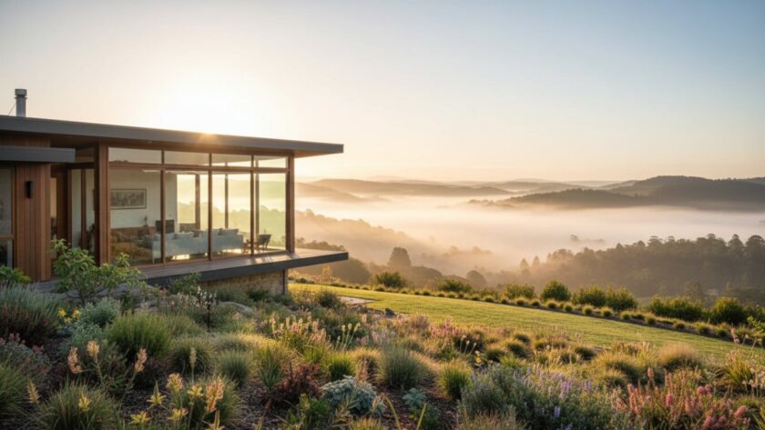 An epic moment captured: a stunning, cinematic photograph showcasing a luxurious, modern home nestled amongst the lush, sun-drenched Dandenong Ranges in The Patch at golden hour, highlighting the bespoke architectural details and natural beauty through premium real estate photography The Patch bespoke.