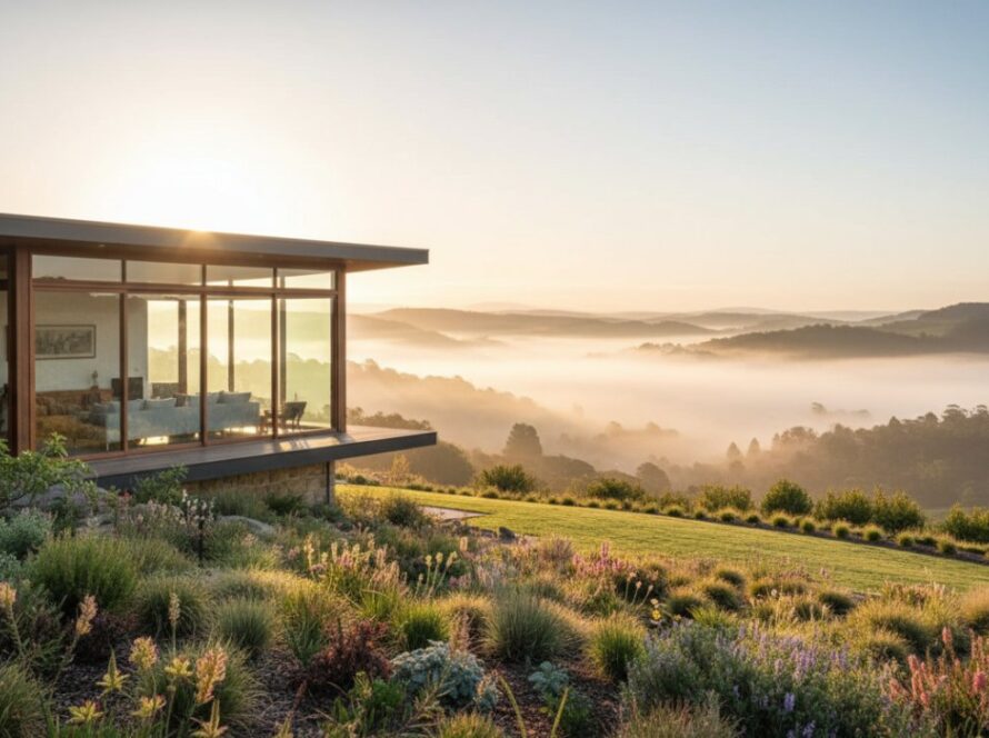 An epic moment captured: a stunning, cinematic photograph showcasing a luxurious, modern home nestled amongst the lush, sun-drenched Dandenong Ranges in The Patch at golden hour, highlighting the bespoke architectural details and natural beauty through premium real estate photography The Patch bespoke.