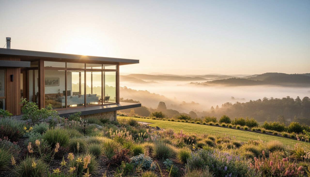 An epic moment captured: a stunning, cinematic photograph showcasing a luxurious, modern home nestled amongst the lush, sun-drenched Dandenong Ranges in The Patch at golden hour, highlighting the bespoke architectural details and natural beauty through premium real estate photography The Patch bespoke.