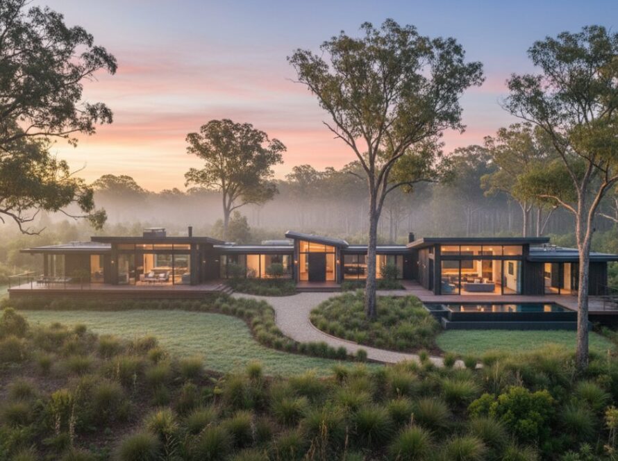 An aerial, golden hour view of a stunning modern bushland home in Toolangi, Victoria, Australia, showcasing its seamless integration with the surrounding towering gum trees and lush natural landscape, highlighting its unique charm and demonstrating premium real estate photography Toolangi Victoria for bushland homes.