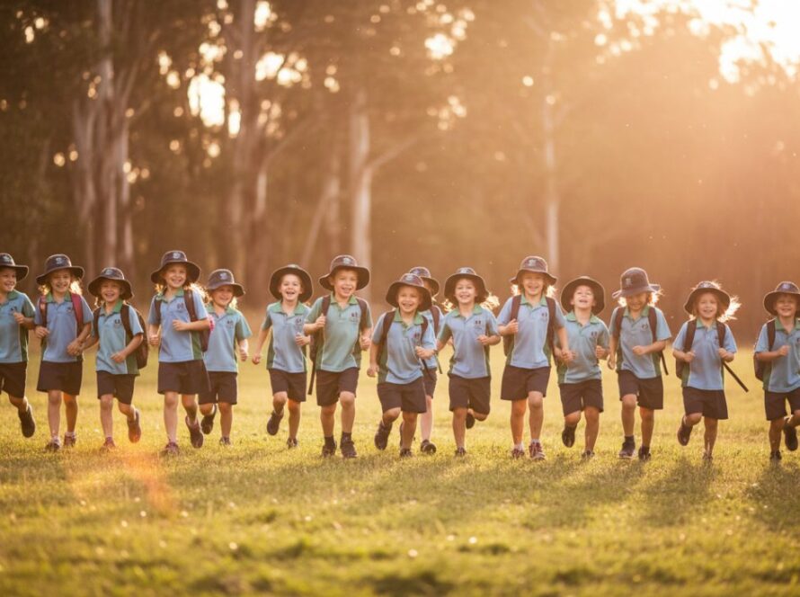 A heartwarming, sun-drenched photograph capturing a group of primary school children from Cockatoo, Victoria, laughing joyfully during an outdoor lesson near a forest edge, showcasing premium school photography Cockatoo Victoria genuine moments.