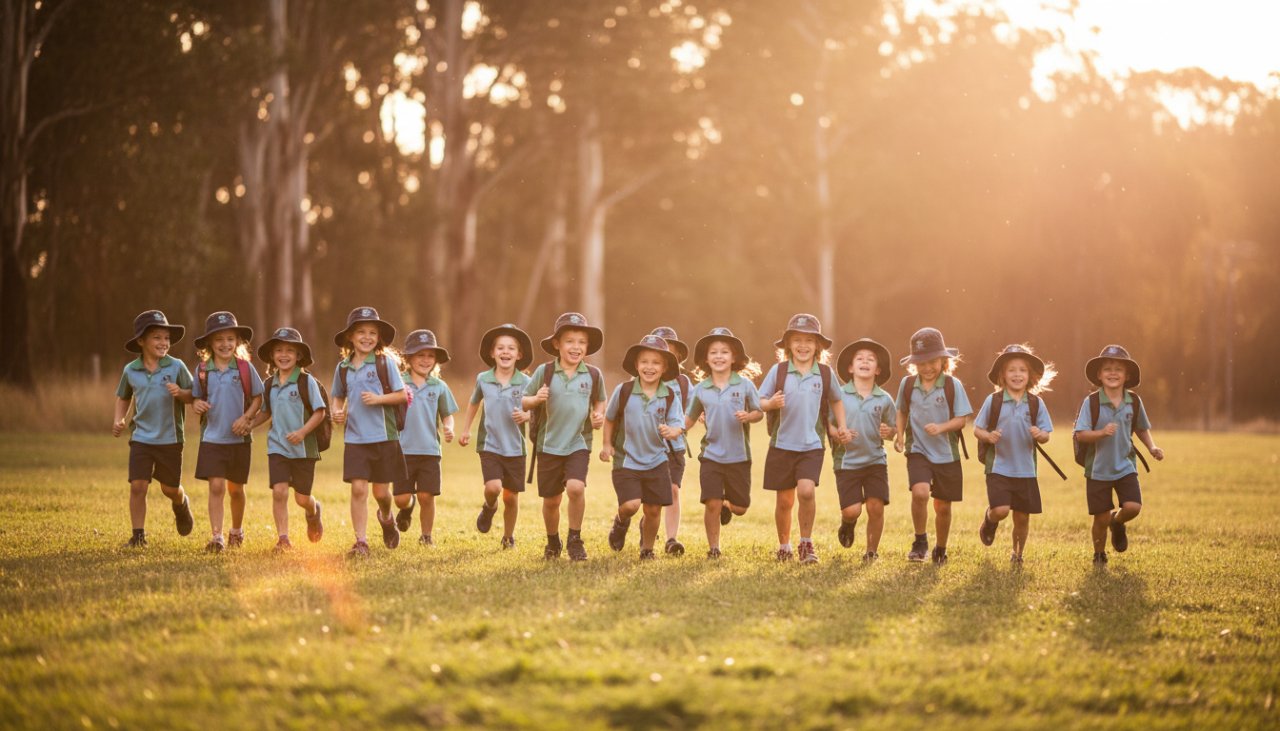 A heartwarming, sun-drenched photograph capturing a group of primary school children from Cockatoo, Victoria, laughing joyfully during an outdoor lesson near a forest edge, showcasing premium school photography Cockatoo Victoria genuine moments.