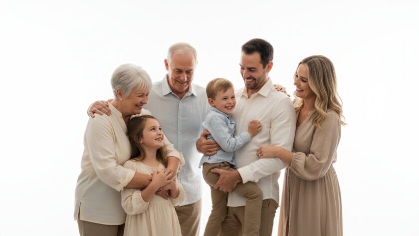 A heartwarming, high-key studio photograph capturing a multi-generational family from The Patch, Victoria, embracing and laughing joyously, showcasing the magic of premium studio photography The Patch for timeless family portraits, with soft, directional lighting highlighting their genuine connections.