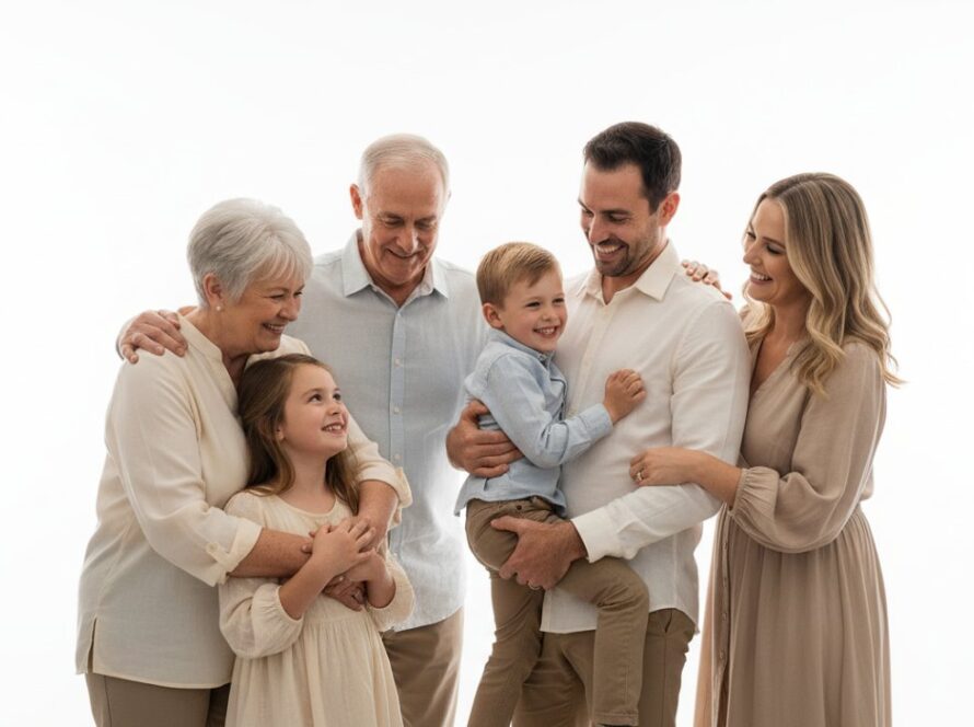 A heartwarming, high-key studio photograph capturing a multi-generational family from The Patch, Victoria, embracing and laughing joyously, showcasing the magic of premium studio photography The Patch for timeless family portraits, with soft, directional lighting highlighting their genuine connections.