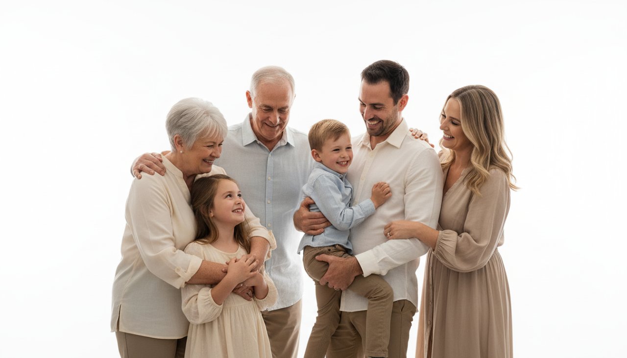 A heartwarming, high-key studio photograph capturing a multi-generational family from The Patch, Victoria, embracing and laughing joyously, showcasing the magic of premium studio photography The Patch for timeless family portraits, with soft, directional lighting highlighting their genuine connections.