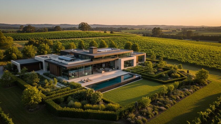 An epic, panoramic drone shot showcasing premium Wandin North real estate photography, featuring a luxury modern home nestled amongst lush green vineyards and rolling hills at sunset, highlighting the vibrant lifestyle and natural beauty of the Yarra Valley region.
