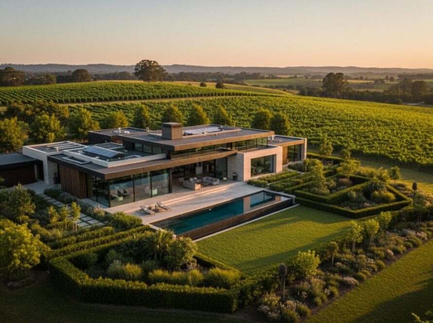 An epic, panoramic drone shot showcasing premium Wandin North real estate photography, featuring a luxury modern home nestled amongst lush green vineyards and rolling hills at sunset, highlighting the vibrant lifestyle and natural beauty of the Yarra Valley region.