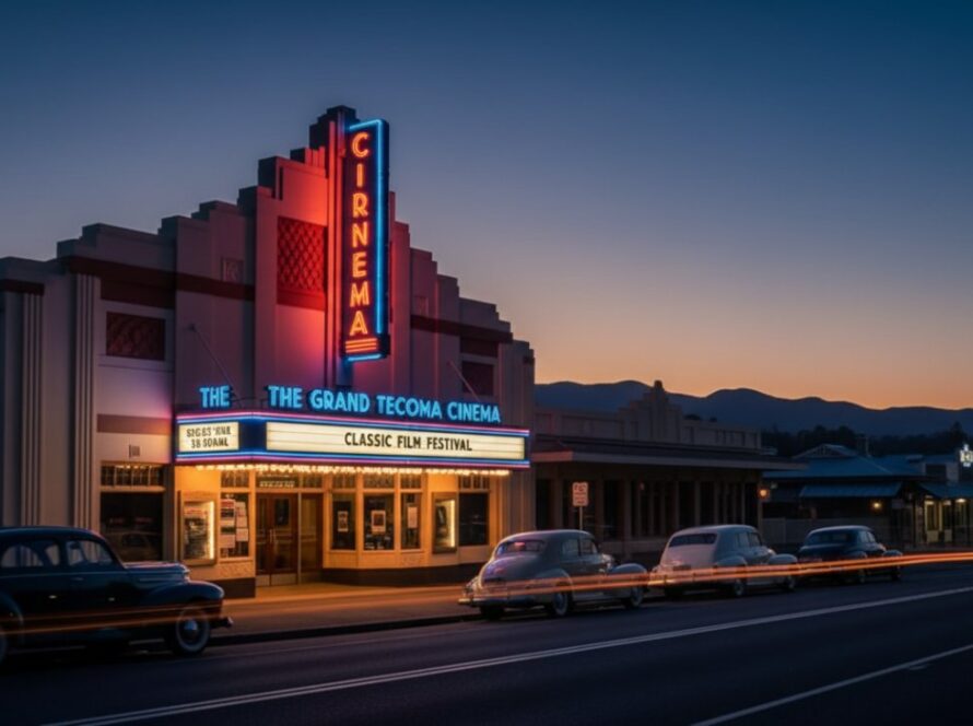 An exquisite dusk shot showcasing a beautifully restored heritage building in Tecoma, Victoria, with warm interior lights glowing, framed by the Dandenong Ranges at sunset, captured with professional architectural photography Tecoma techniques by Image by SD.