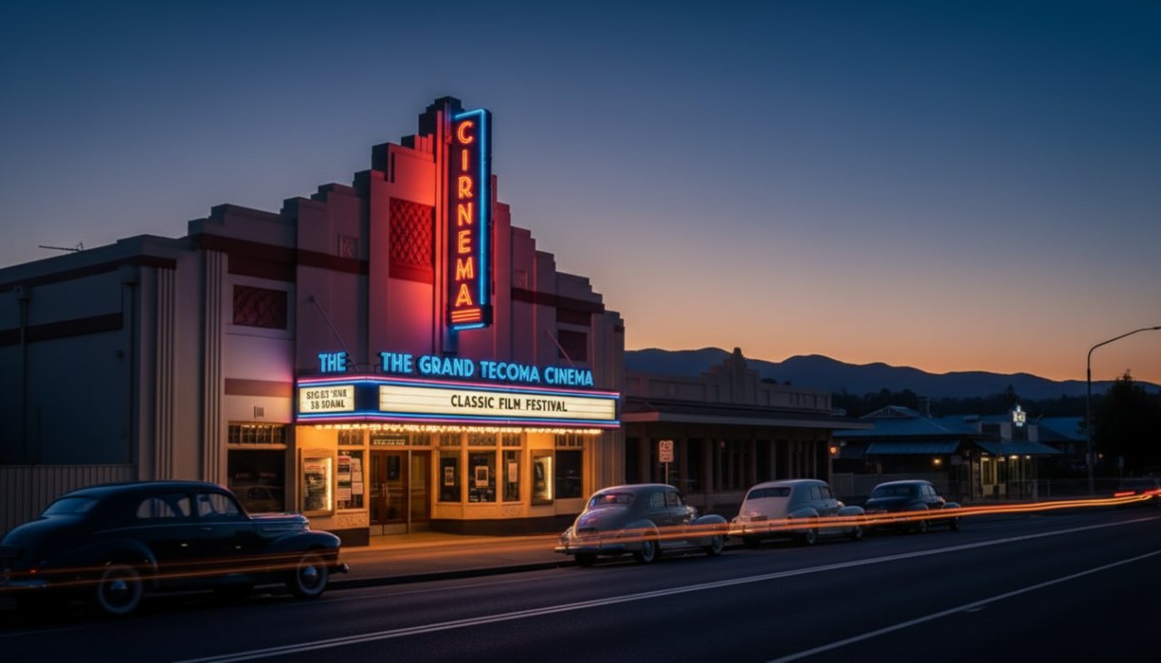 An exquisite dusk shot showcasing a beautifully restored heritage building in Tecoma, Victoria, with warm interior lights glowing, framed by the Dandenong Ranges at sunset, captured with professional architectural photography Tecoma techniques by Image by SD.