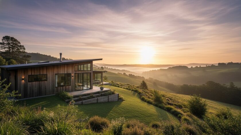 A breathtaking golden hour view of a modern-rustic architectural masterpiece in Woori Yallock, beautifully captured by professional architectural photography Woori Yallock regional charm, showcasing its seamless integration with the Yarra Valley landscape.