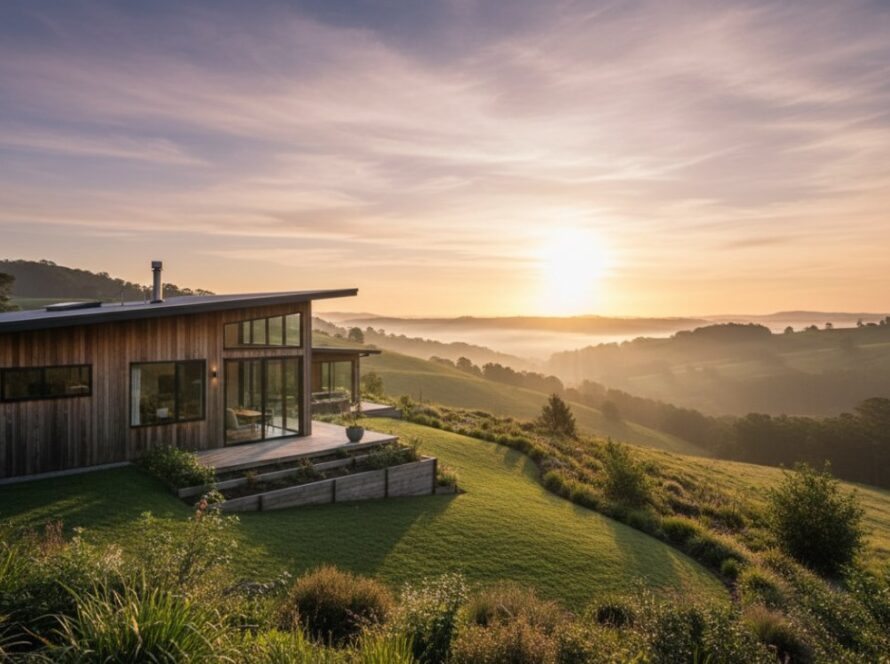 A breathtaking golden hour view of a modern-rustic architectural masterpiece in Woori Yallock, beautifully captured by professional architectural photography Woori Yallock regional charm, showcasing its seamless integration with the Yarra Valley landscape.