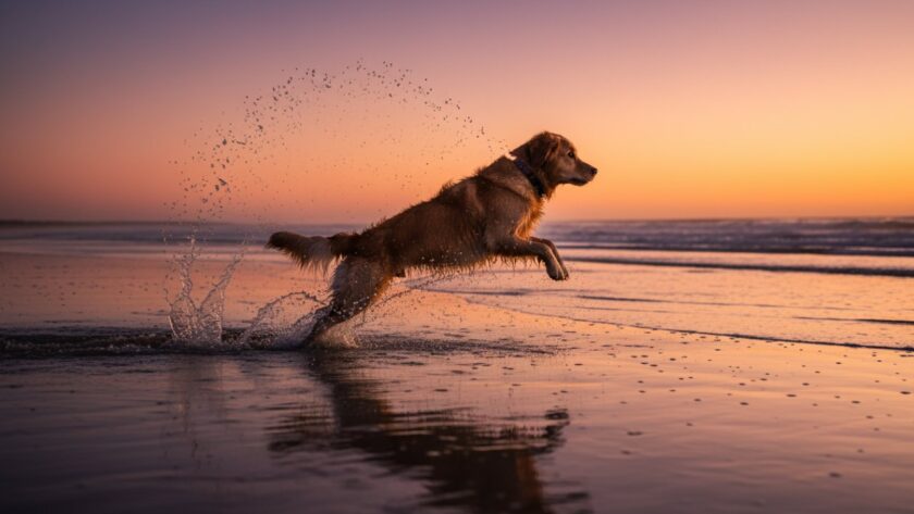 An epic moment captured in professional Balnarring dog photography, showcasing a joyful golden retriever leaping through the shallow waves on Balnarring Beach at sunset, dramatic backlighting, splashes frozen in time, golden hour glow.