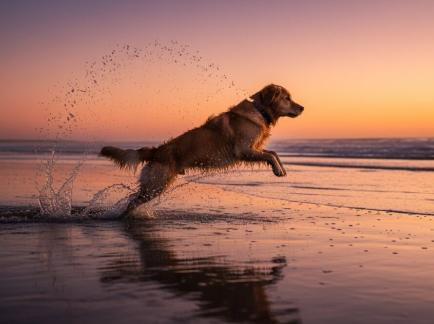 An epic moment captured in professional Balnarring dog photography, showcasing a joyful golden retriever leaping through the shallow waves on Balnarring Beach at sunset, dramatic backlighting, splashes frozen in time, golden hour glow.