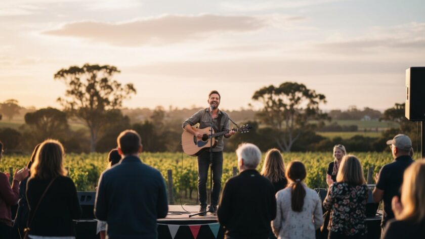 An emotionally charged close-up photograph of a speaker laughing joyfully while addressing a vibrant audience at an outdoor community festival in Balnarring, Victoria. The late afternoon sun casts a warm, golden glow, highlighting the speaker's animated expression and the attentive, smiling faces in the foreground. The background blurs into a picturesque scene of Balnarring's coastal charm, with a hint of green vineyards and clear blue skies. The image captures the essence of professional Balnarring event photography storytelling, full of genuine connection and celebration.