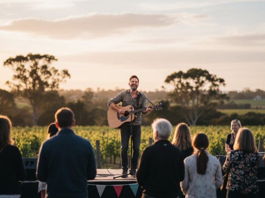 An emotionally charged close-up photograph of a speaker laughing joyfully while addressing a vibrant audience at an outdoor community festival in Balnarring, Victoria. The late afternoon sun casts a warm, golden glow, highlighting the speaker's animated expression and the attentive, smiling faces in the foreground. The background blurs into a picturesque scene of Balnarring's coastal charm, with a hint of green vineyards and clear blue skies. The image captures the essence of professional Balnarring event photography storytelling, full of genuine connection and celebration.