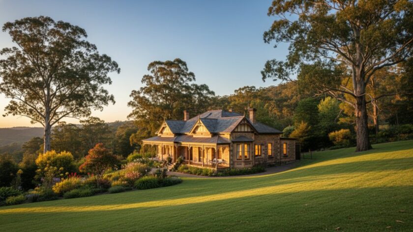 An epic wide-angle photograph capturing the evening light on a beautifully restored character home in Belgrave, Victoria, highlighting professional Belgrave character home photography services with a warm, inviting glow from interior lights and lush Dandenong Ranges foliage framing the scene.