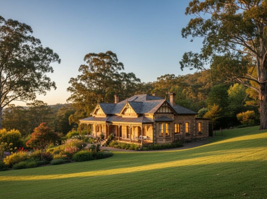 An epic wide-angle photograph capturing the evening light on a beautifully restored character home in Belgrave, Victoria, highlighting professional Belgrave character home photography services with a warm, inviting glow from interior lights and lush Dandenong Ranges foliage framing the scene.