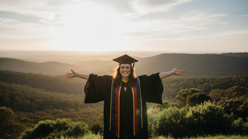 A joyous university graduate in their cap and gown, framed by the lush, towering gum trees and scenic vistas of Belgrave Heights, triumphantly tossing their mortarboard into the golden hour light, capturing the spirit of professional Belgrave Heights graduation photo sessions.