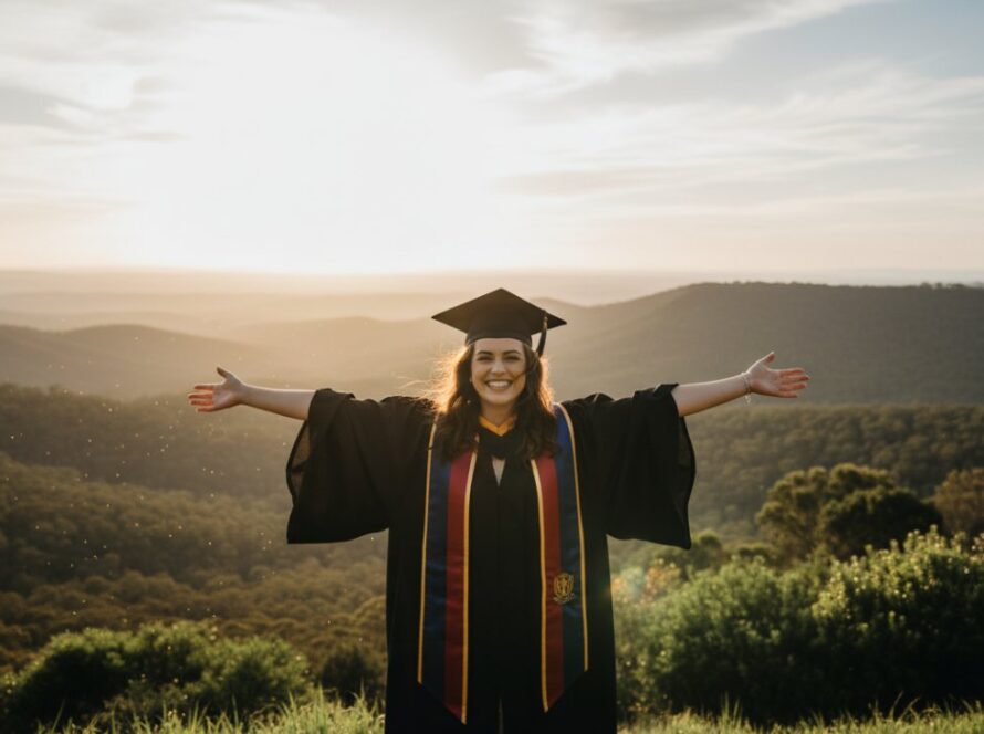 A joyous university graduate in their cap and gown, framed by the lush, towering gum trees and scenic vistas of Belgrave Heights, triumphantly tossing their mortarboard into the golden hour light, capturing the spirit of professional Belgrave Heights graduation photo sessions.