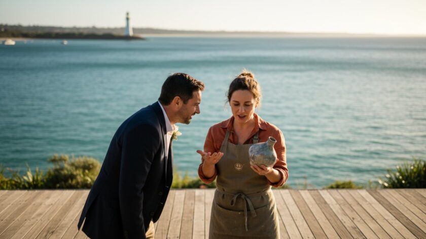 A dynamic, cinematic shot of a local McCrae business owner, passionately explaining their artisanal product to a client under the warm glow of a McCrae sunset, capturing the authentic spirit of Professional Branding Photography McCrae Victoria Businesses.
