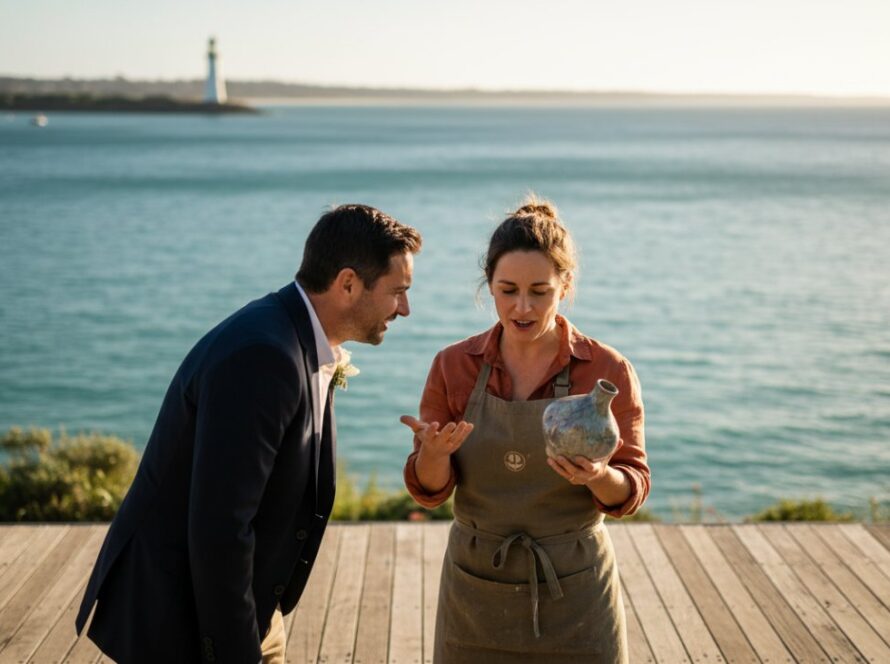 A dynamic, cinematic shot of a local McCrae business owner, passionately explaining their artisanal product to a client under the warm glow of a McCrae sunset, capturing the authentic spirit of Professional Branding Photography McCrae Victoria Businesses.