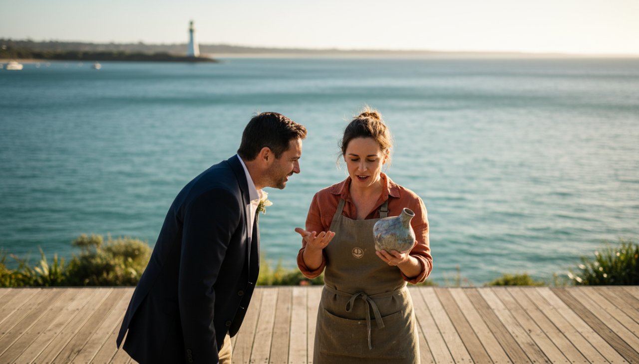 A dynamic, cinematic shot of a local McCrae business owner, passionately explaining their artisanal product to a client under the warm glow of a McCrae sunset, capturing the authentic spirit of Professional Branding Photography McCrae Victoria Businesses.
